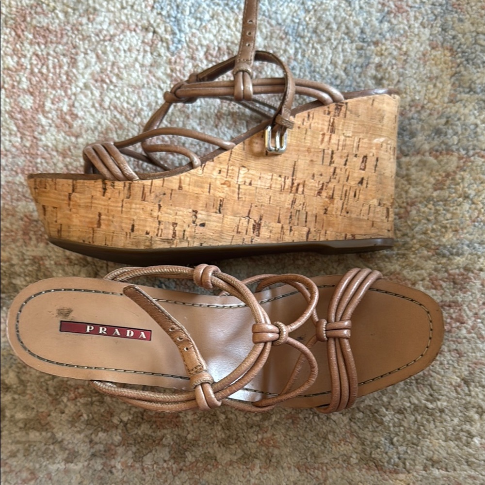 Vintage Prada Tan Wedge Sandals with Cork Sole